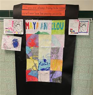 Photo shows a collection of colored pages hung together to create a mosaic portrait of Dr. Maya Angelou